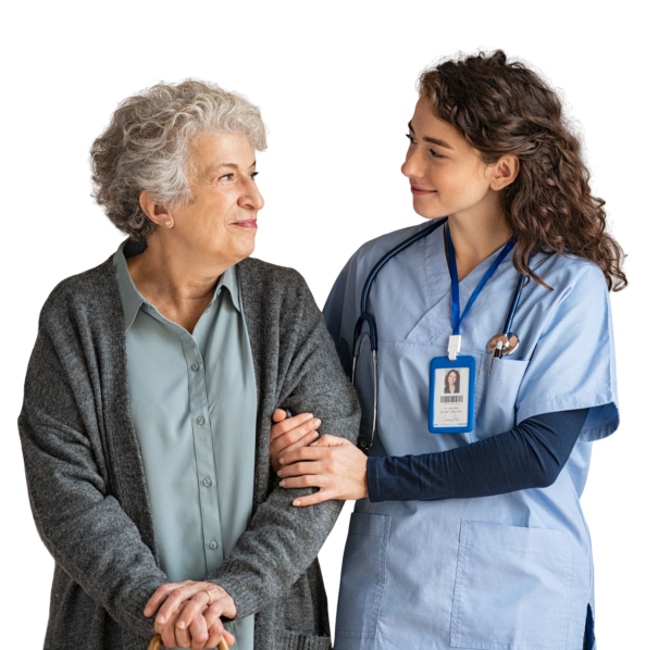 caregiver and elderly woman looking at each other while walking